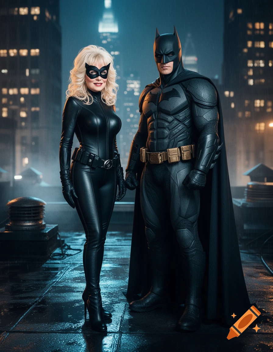 Photorealistic image of Dolly Parton as Catwoman and Batman standing together on a rainy city rooftop at night.