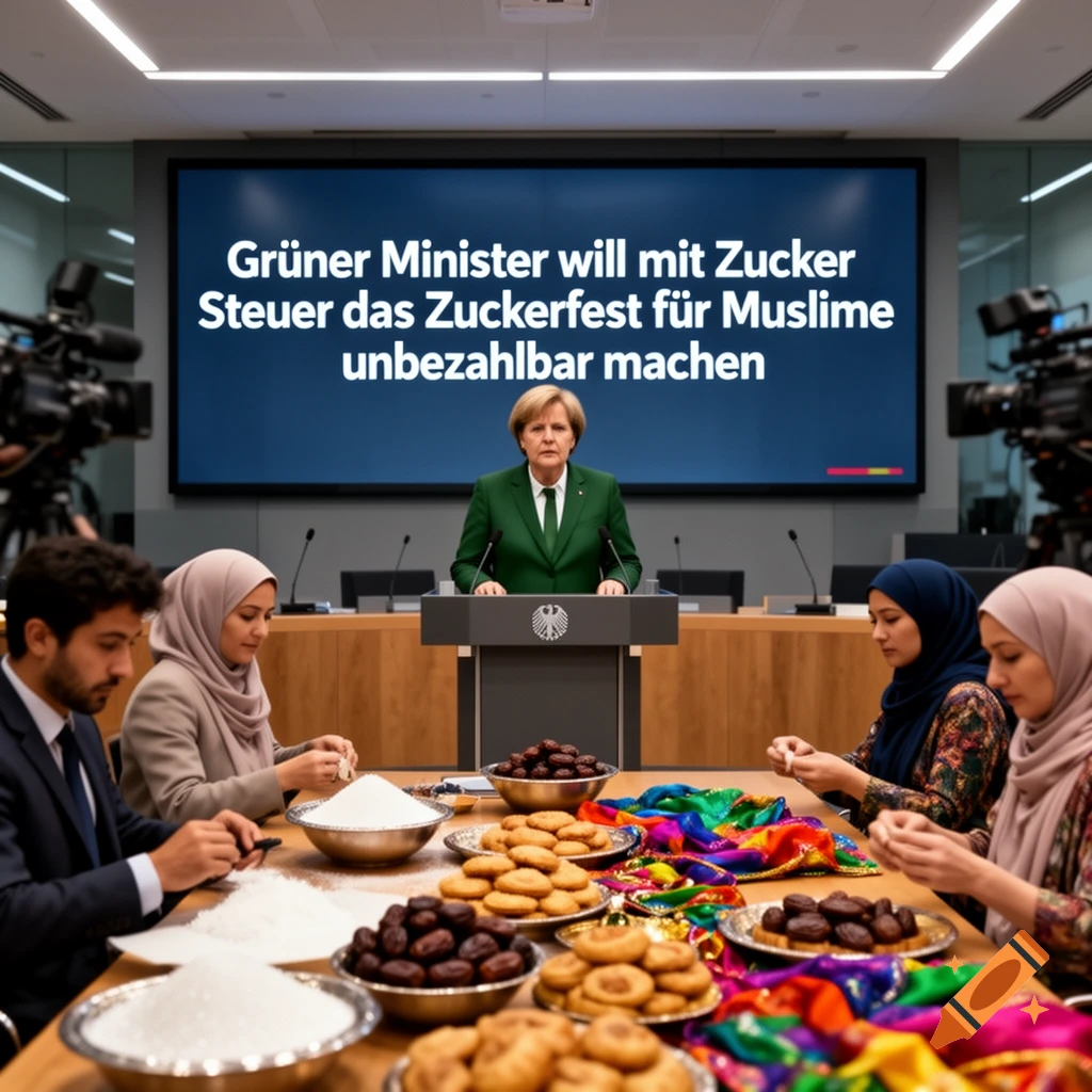 A political conference room with a green-suited official at a podium and people with food at a long table.