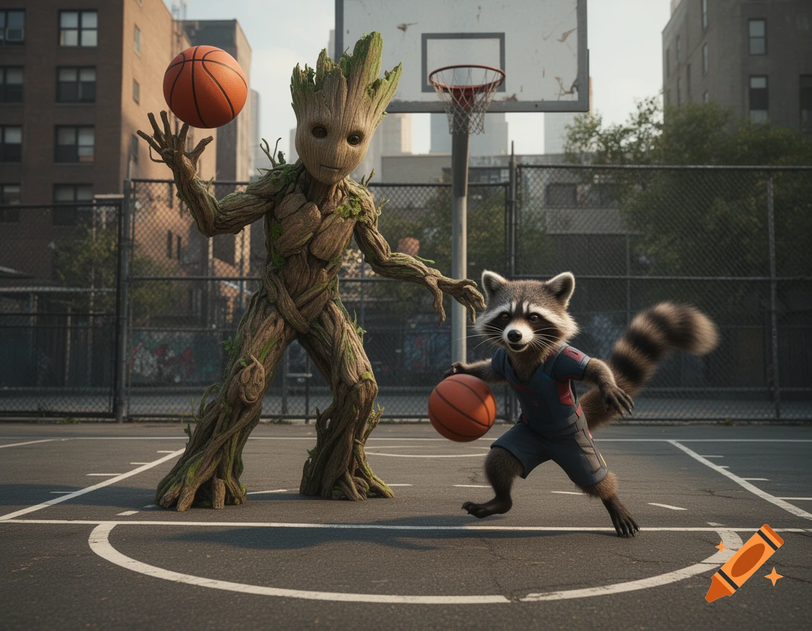 Groot and Rocket Raccoon playing basketball on an outdoor urban court, photorealistic style.
