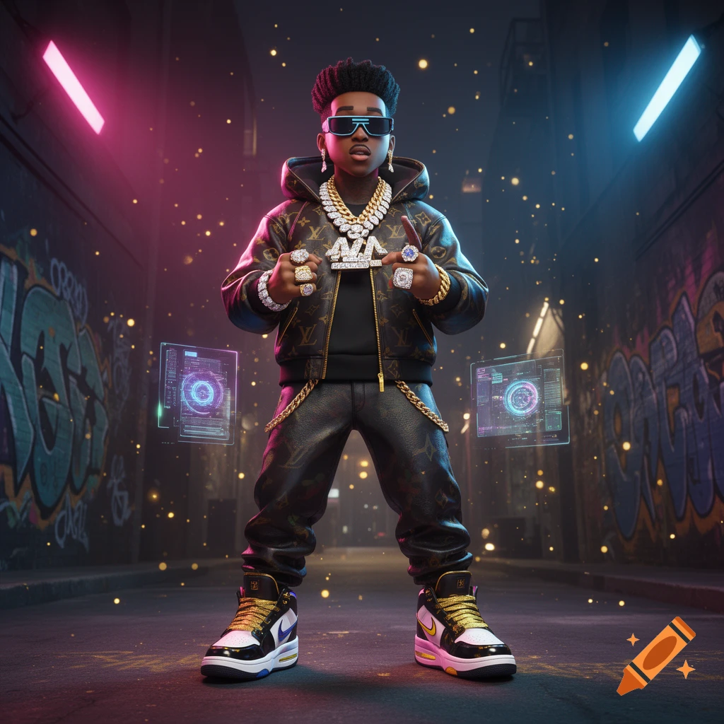 3D digital art of a stylish rapper in a luxury hoodie and designer sneakers standing in a neon-lit alleyway.