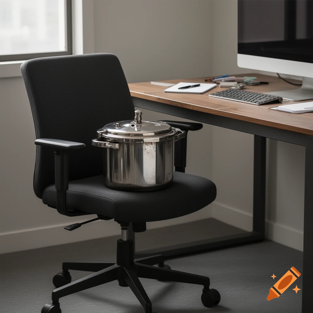 Photorealistic image of a metal pressure cooker sitting on a black office chair in an office setting.