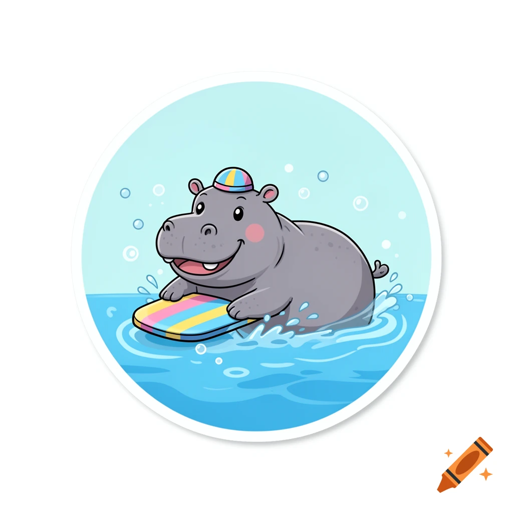 Cartoon sticker of a happy hippopotamus wearing a striped hat and surfing on a colorful board in blue water.