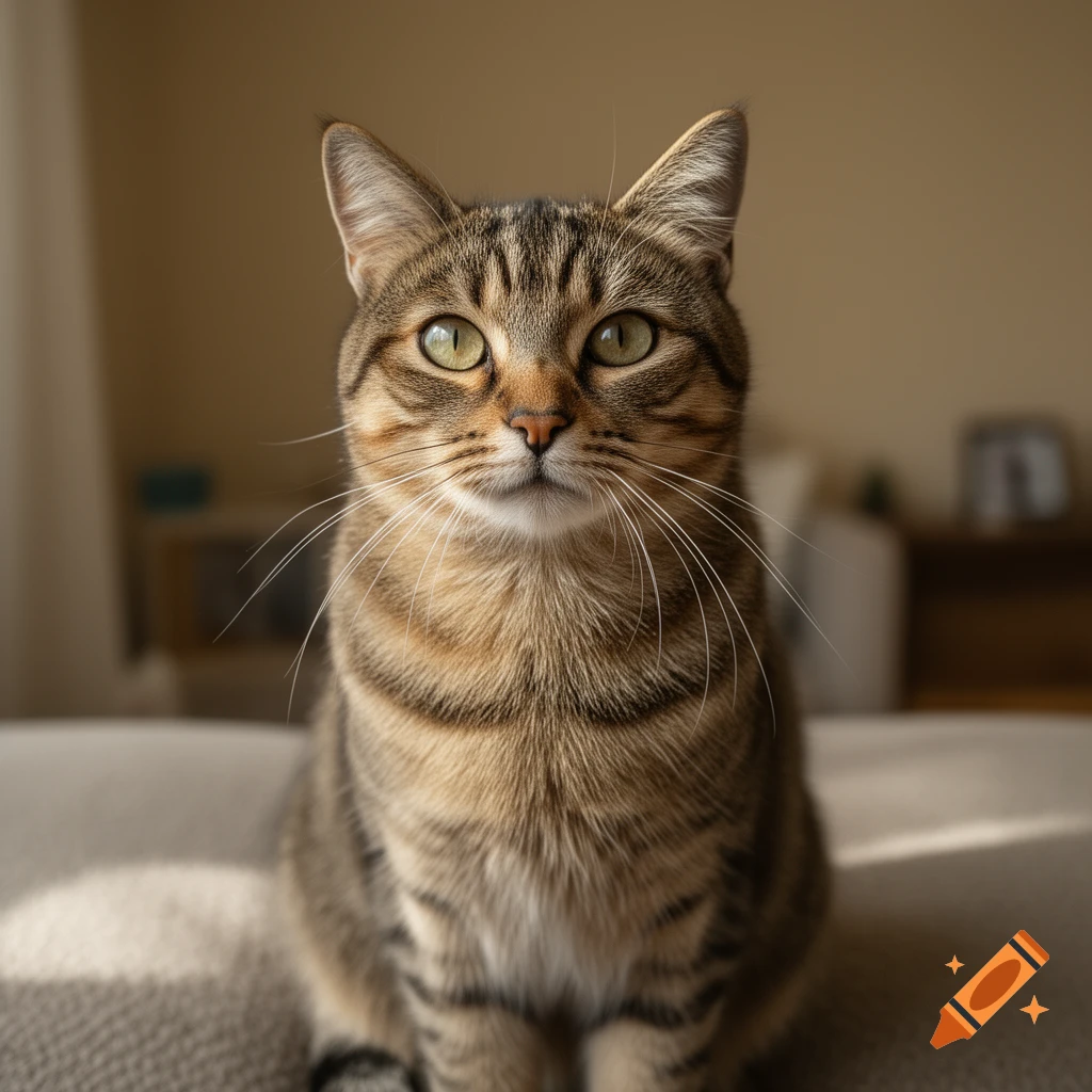 Photorealistic close-up portrait of a tabby cat sitting on a couch.