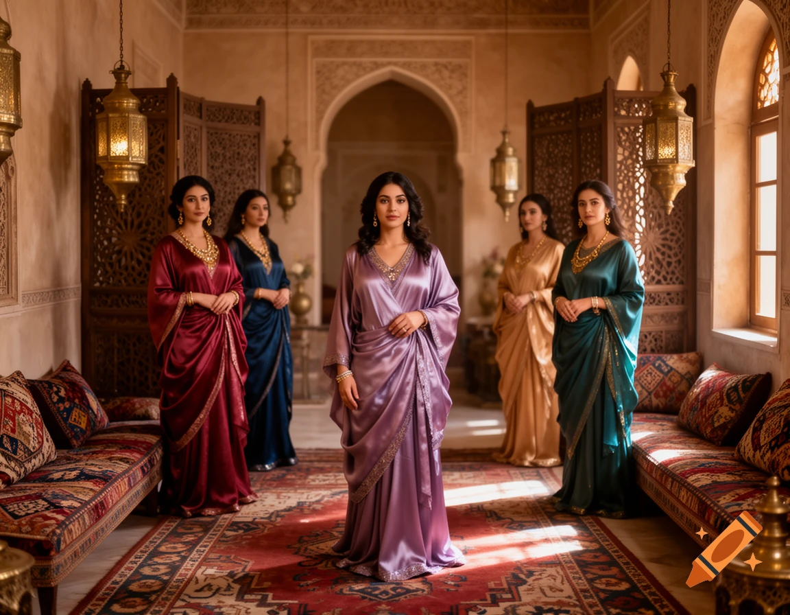 Photorealistic image of five women in traditional attire standing in an ornate Middle Eastern palace hall with rugs and cushions.