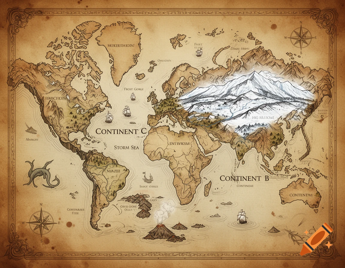 An antique fantasy world map illustration on parchment, featuring continents, oceans, sailing ships, and a mountain range.