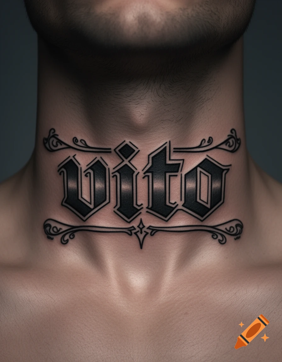 Close-up photorealistic shot of a man's neck with a black ink Gothic lettering tattoo reading 'vito'.