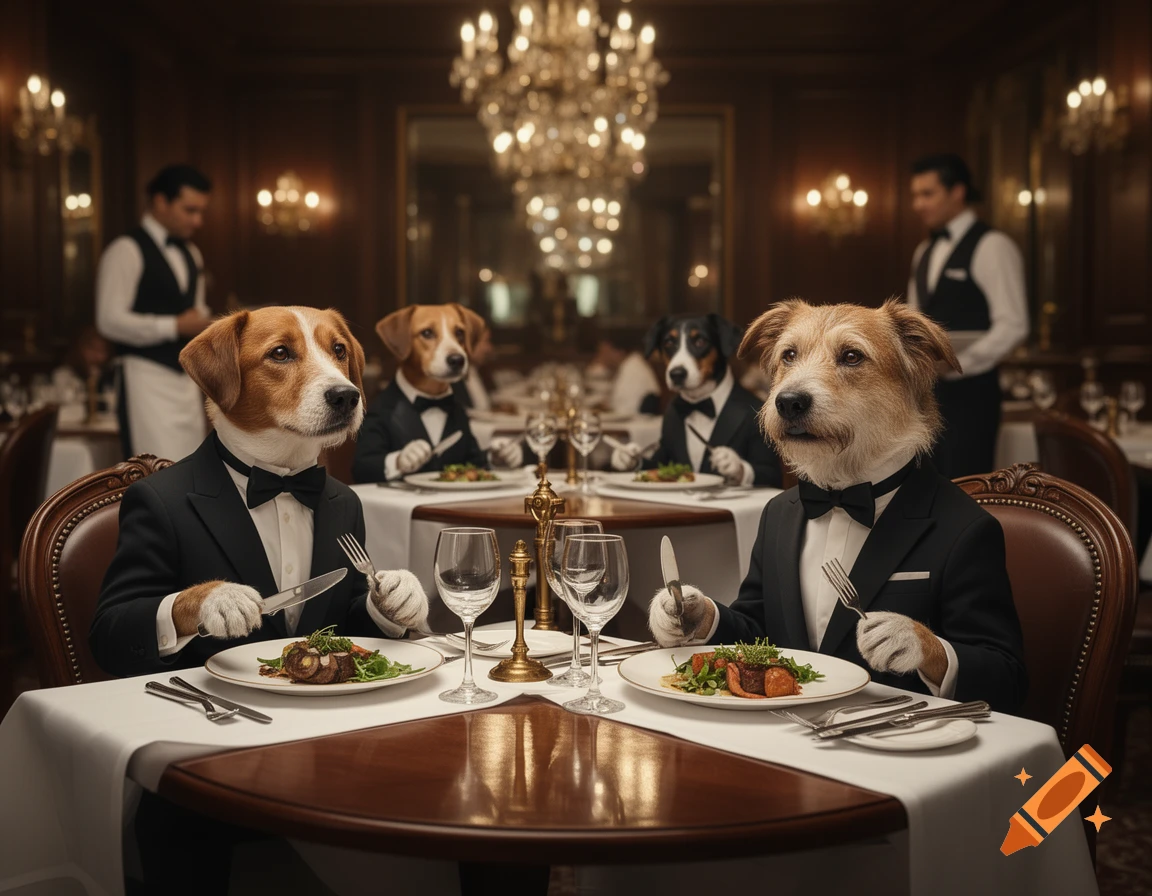 Photorealistic image of dogs in tuxedos sitting at a table in a luxury restaurant dining with knives and forks.