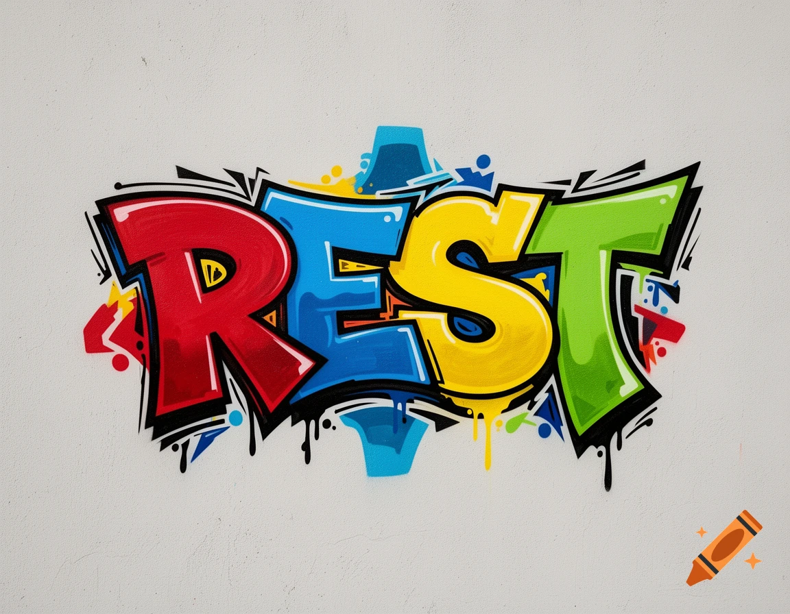 Colorful graffiti lettering spelling 'REST' with bold outlines and paint drips on a light wall.