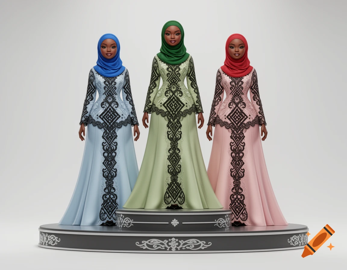 Stylized illustration of three dolls in traditional modest wear on a tiered display.