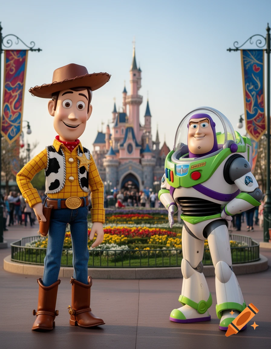 Woody and Buzz Lightyear characters posing in front of a fairytale castle at Disneyland.