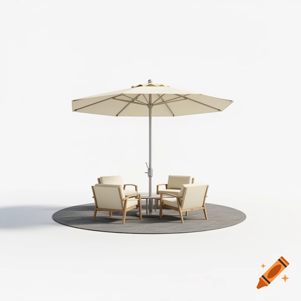 Photorealistic 3D render of an outdoor patio set with four cream chairs, a central table, and a round umbrella on a grey circular carpet against a white background.