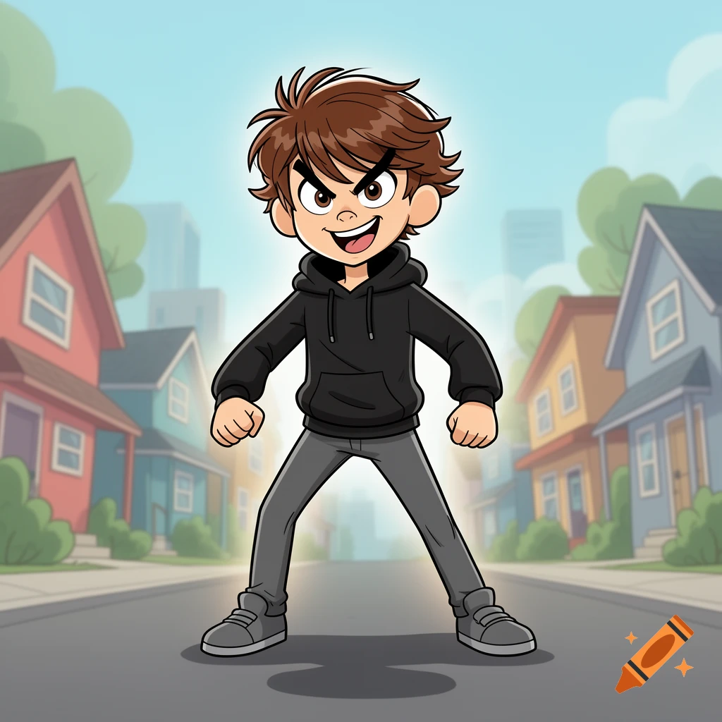 Cartoon illustration of an angry young boy with brown hair in a black hoodie and gray pants standing on a suburban street.