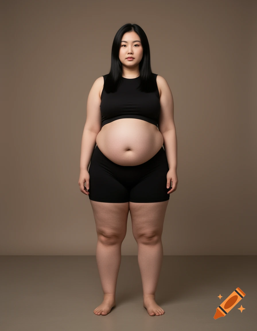 Full body studio portrait of a woman with black hair, wearing a black crop top and shorts against a neutral background, photorealistic