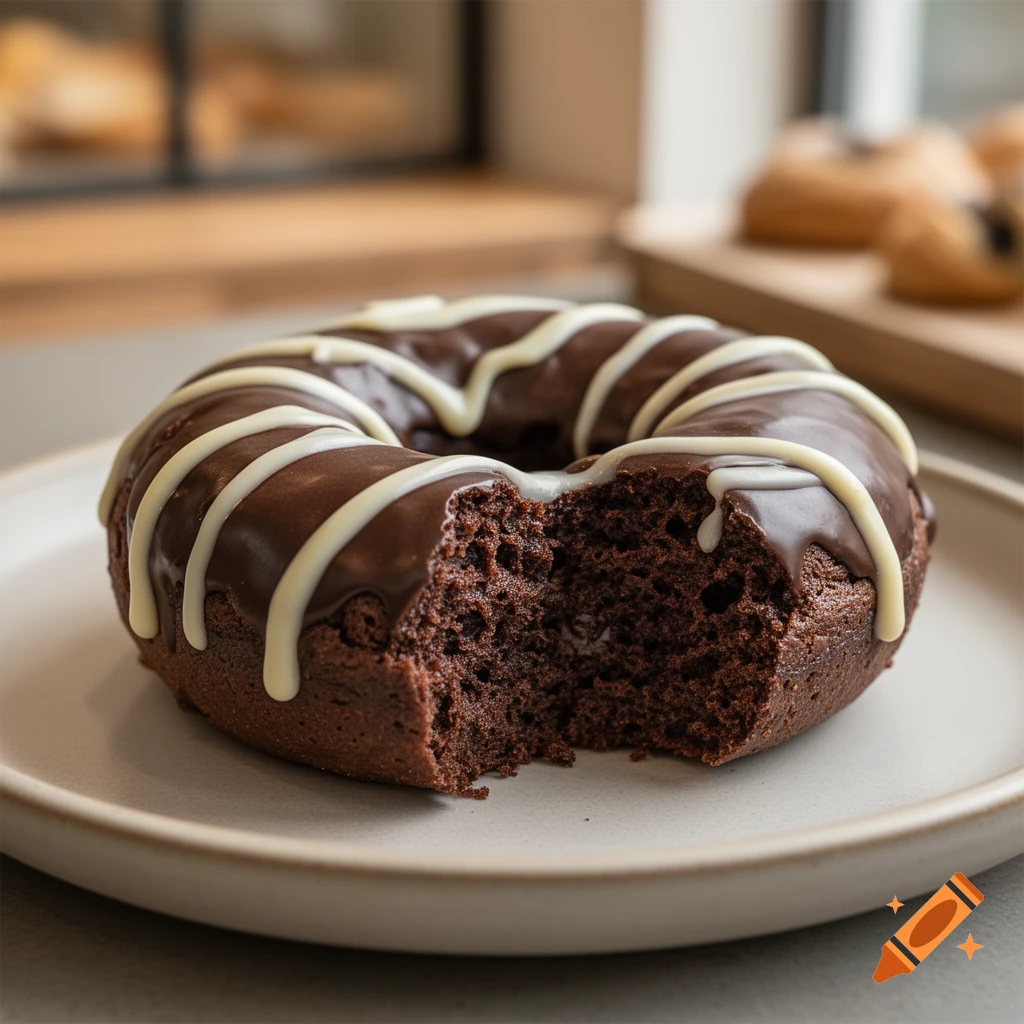 Photorealistic image of a chocolate glazed donut with vanilla drizzle on a ceramic plate with a bite taken out.