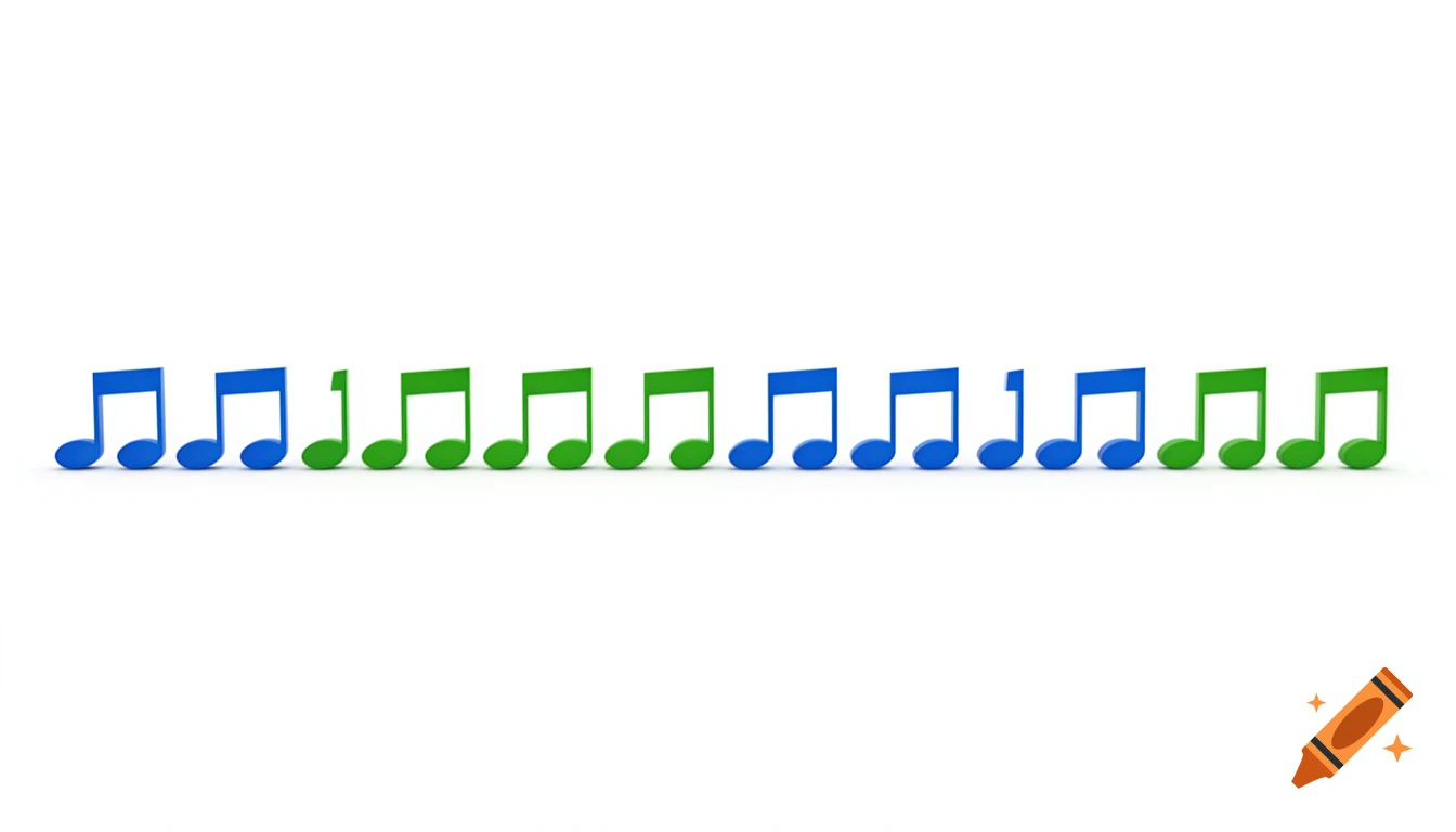 A row of 3D musical notes in alternating blue and green colors on a white background.