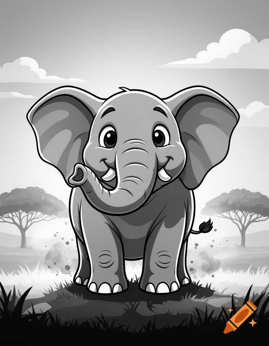 Black and white cartoon illustration of a cute baby elephant standing in a savanna landscape.