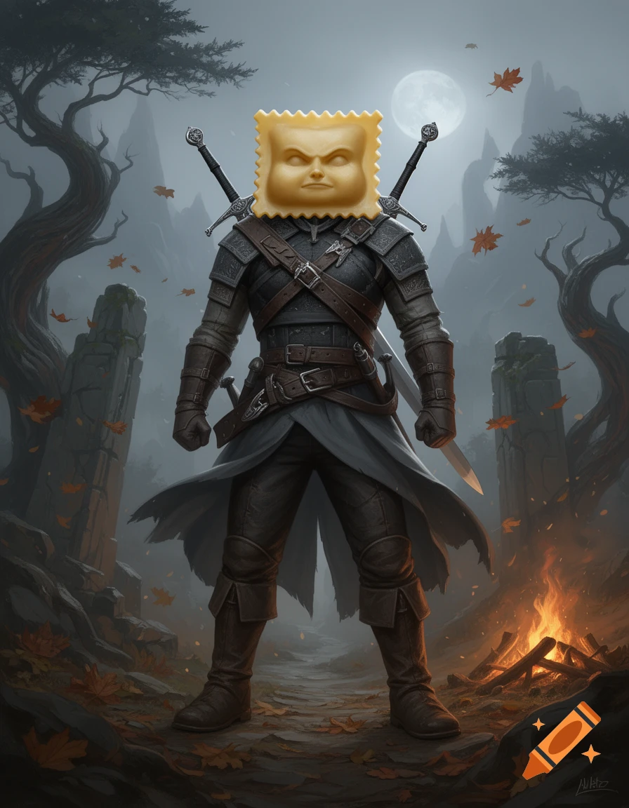 A dark fantasy warrior in armor with a giant ravioli for a head, standing in a misty forest with swords on his back and a campfire.