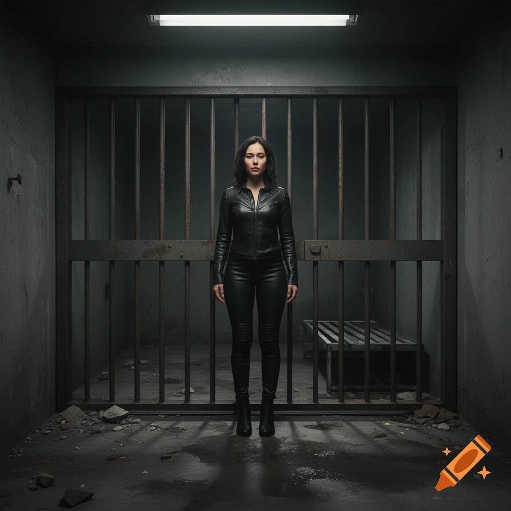 A woman in black leather clothing standing in front of a dark prison cell door.