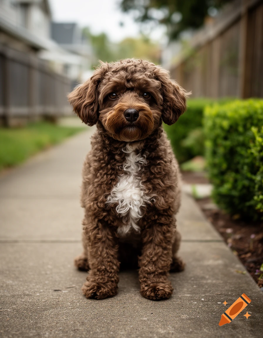 Photorealistic image of a small, brown curly-haired dog with a white patch on its chest, sitting on a sidewalk outdoors.