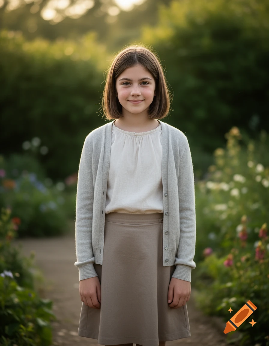 Photorealistic portrait of a young girl with bobbed hair wearing a beige cardigan and skirt in a garden setting.