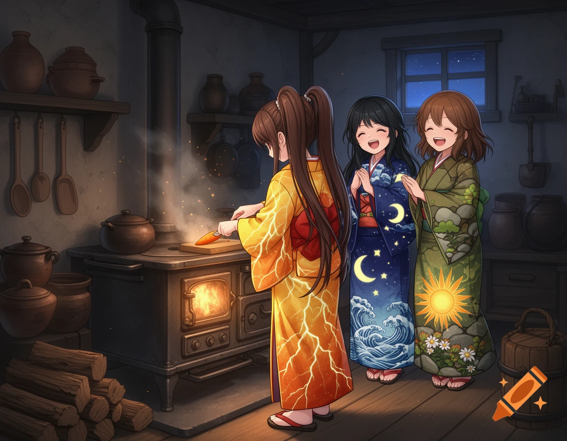 Anime style illustration of three girls in kimonos inside a traditional kitchen with a wood stove.