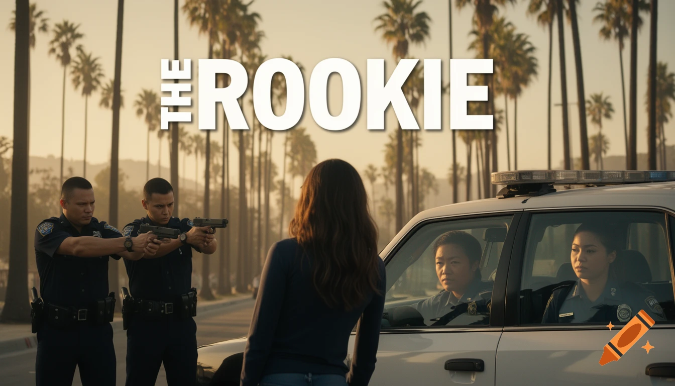 Cinematic shot of police officers aiming weapons at a woman standing in front of a police car with palm trees in the background.