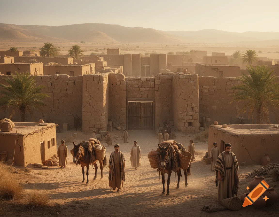 Photorealistic scene of biblical-era people and donkeys walking through a dusty desert village with stone walls.
