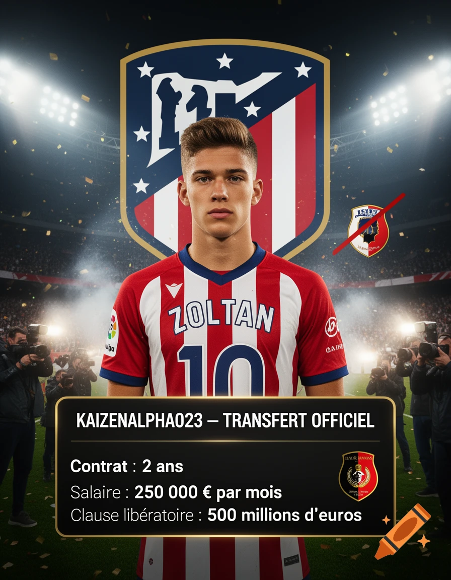 Photorealistic sports announcement graphic featuring a young male soccer player in an Atletico Madrid jersey with text details.