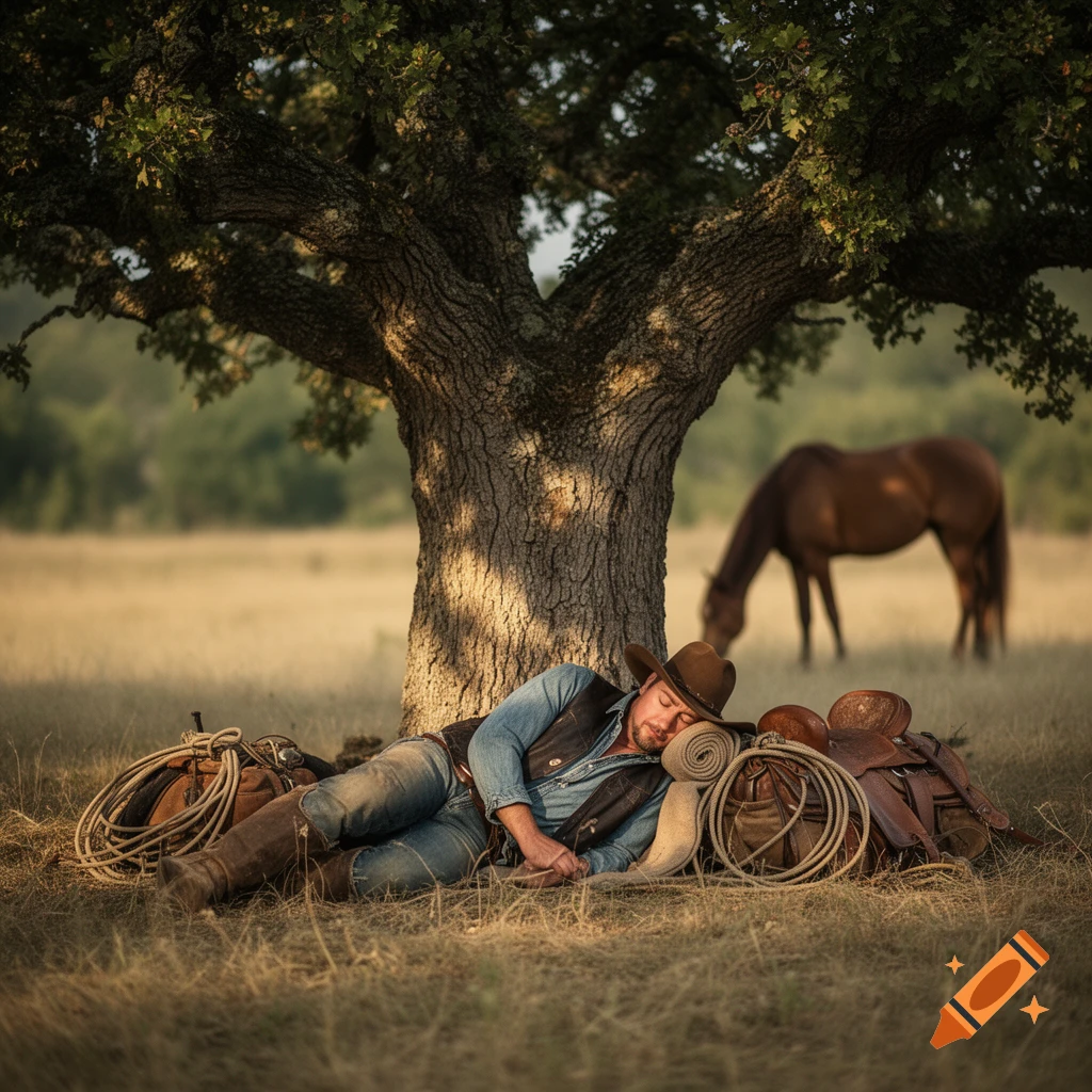 Photorealistic image of a cowboy sleeping under a large tree with a saddle, ropes, and a horse in the background.