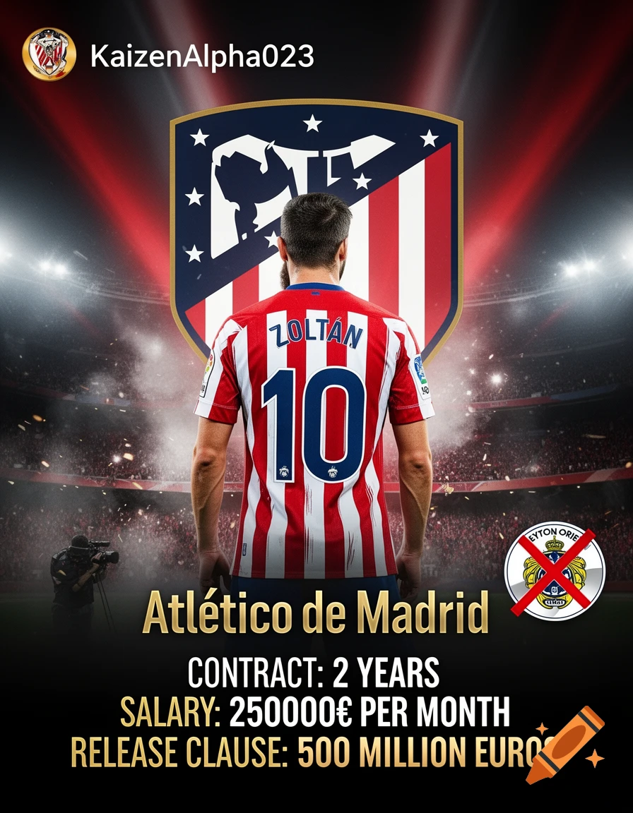 Football transfer announcement graphic for Atletico de Madrid featuring a player with jersey number 10, Zoltan.