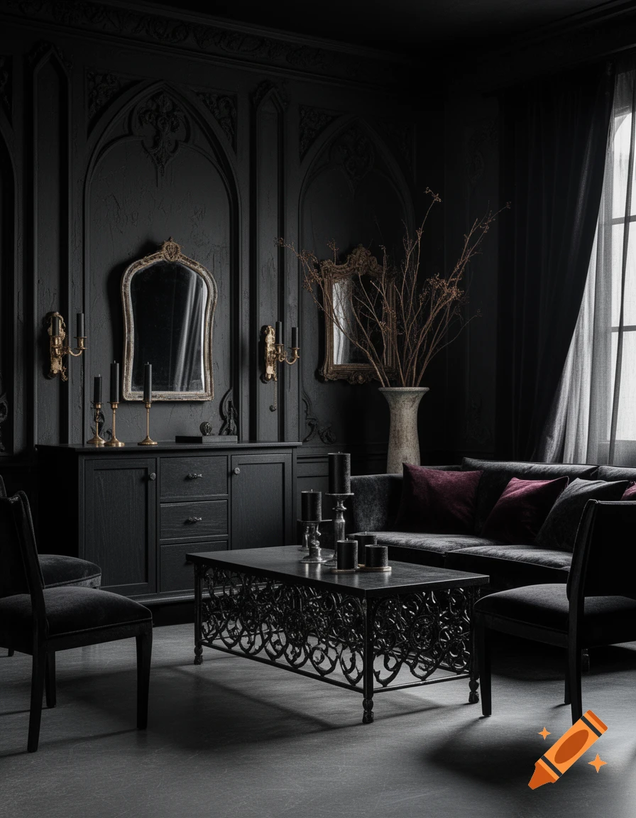 Photorealistic gothic interior room with black walls, dark furniture, velvet sofa, and ornate mirror.