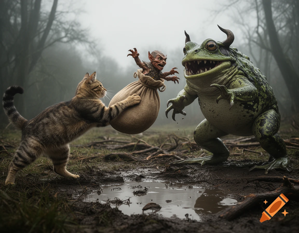 A large tabby cat throws a sack containing a small kobold at a massive green frog demon in a misty forest.