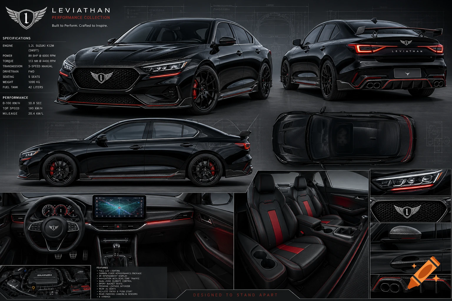 A multi-view promotional poster of a sleek black luxury sedan named Leviathan, featuring interior and exterior details.