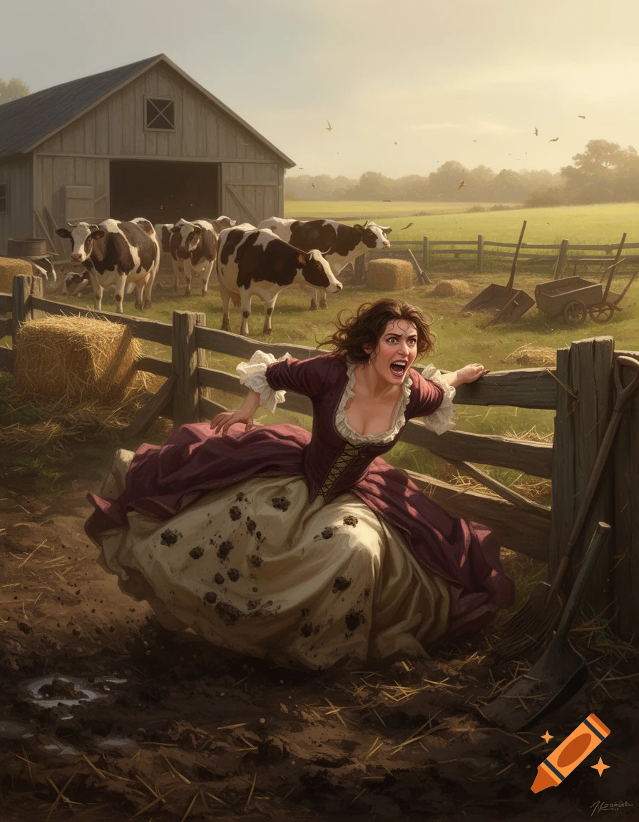 A woman in a historical purple dress covered in mud, screaming while running past a wooden fence in a cow pasture with a barn in the background.