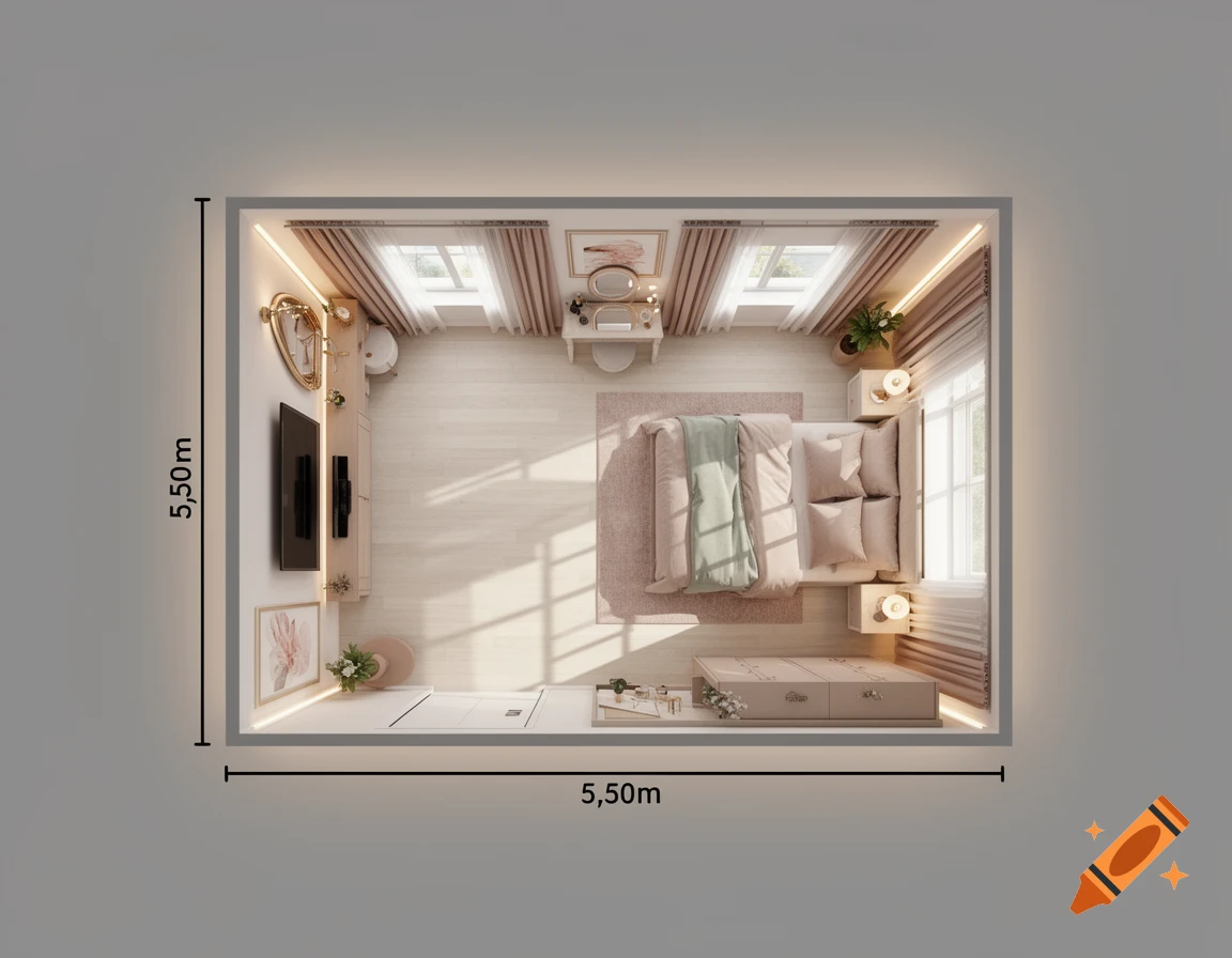 Top-down 3D architectural render of a modern feminine bedroom with pink and beige decor, a bed, and a wall-mounted TV.