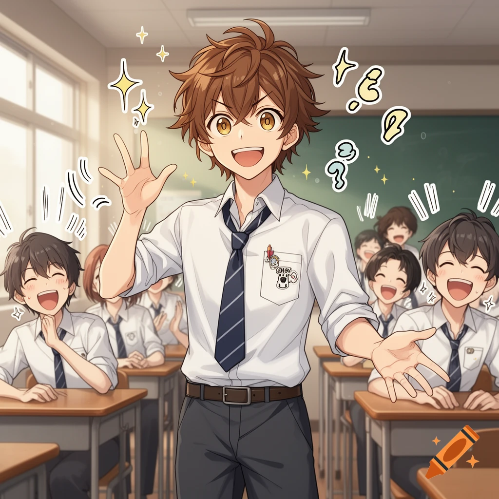 Anime style illustration of a cheerful brown-haired schoolboy laughing in a classroom surrounded by amused classmates.