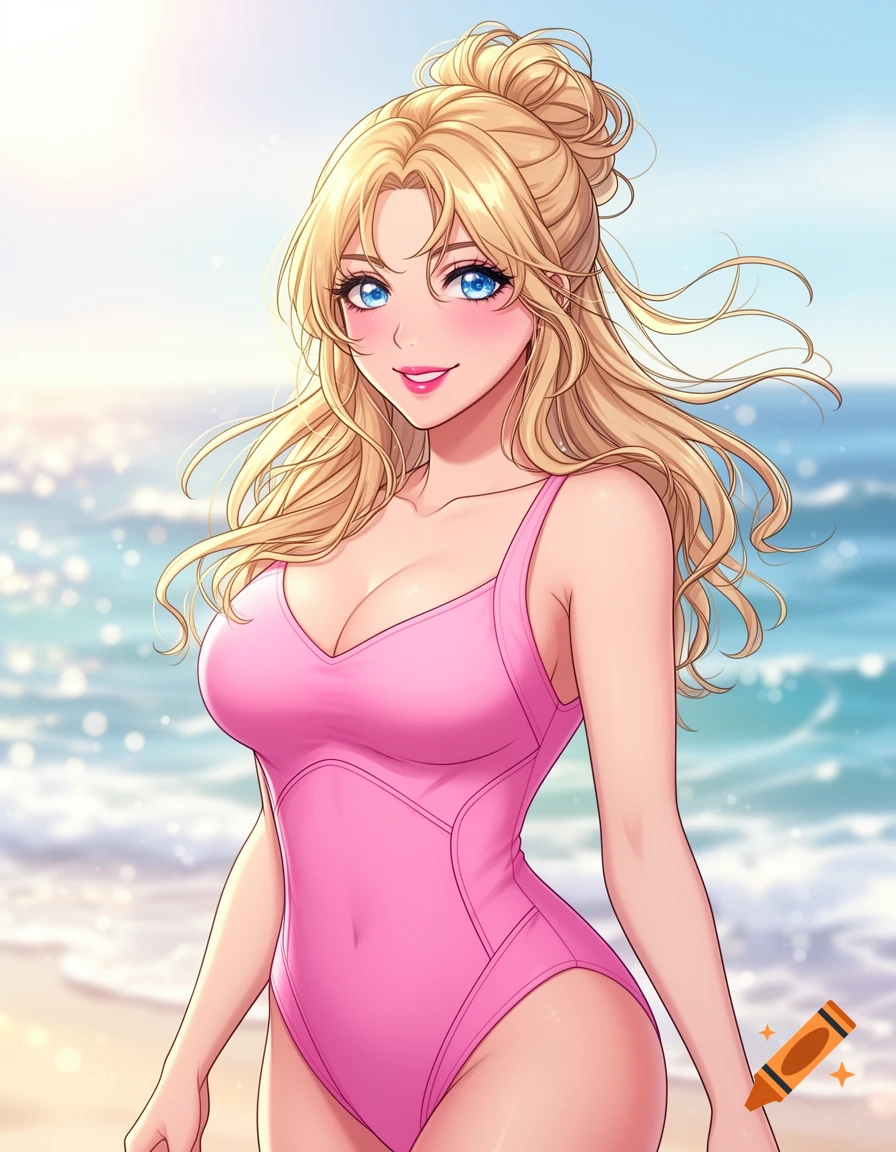 Anime style illustration of a smiling blonde woman with blue eyes in a pink one-piece swimsuit at the beach.