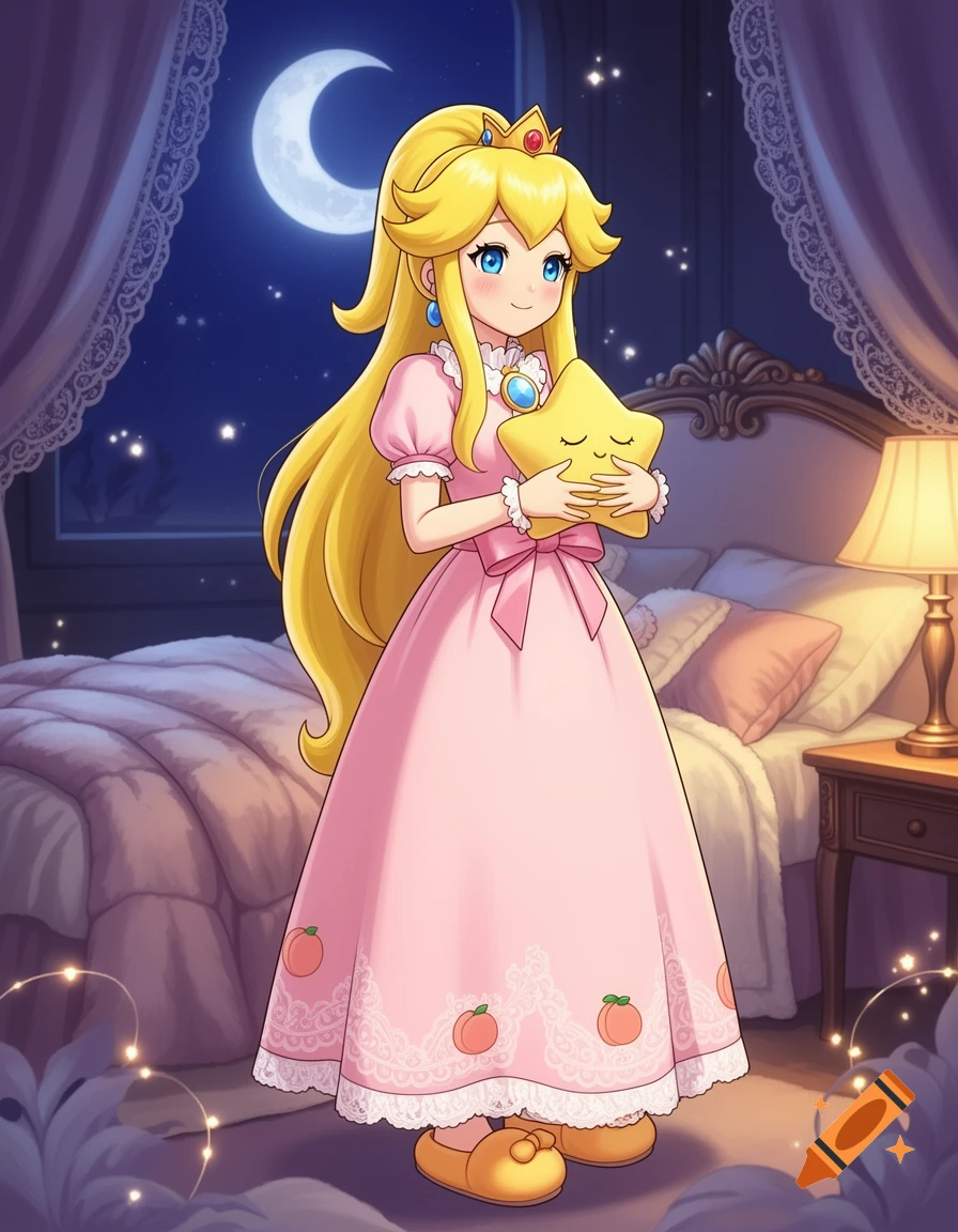 Anime style illustration of Princess Peach wearing a pink nightgown and holding a star pillow in a cozy bedroom at night.