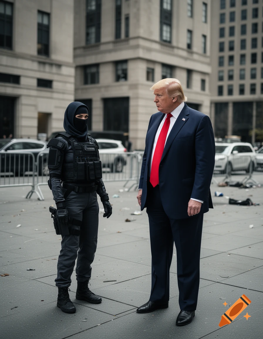 Photorealistic image of Donald Trump standing outdoors on a city street next to an operative in tactical gear and a balaclava.