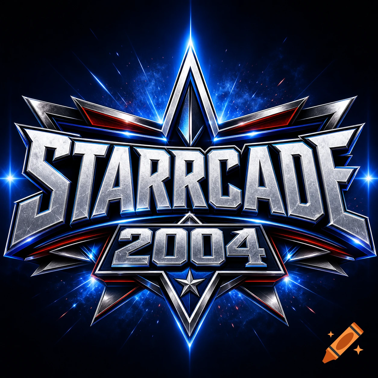 Digital graphic logo for StarrCade 2004 with metallic silver lettering and blue glowing light effects against a dark background.