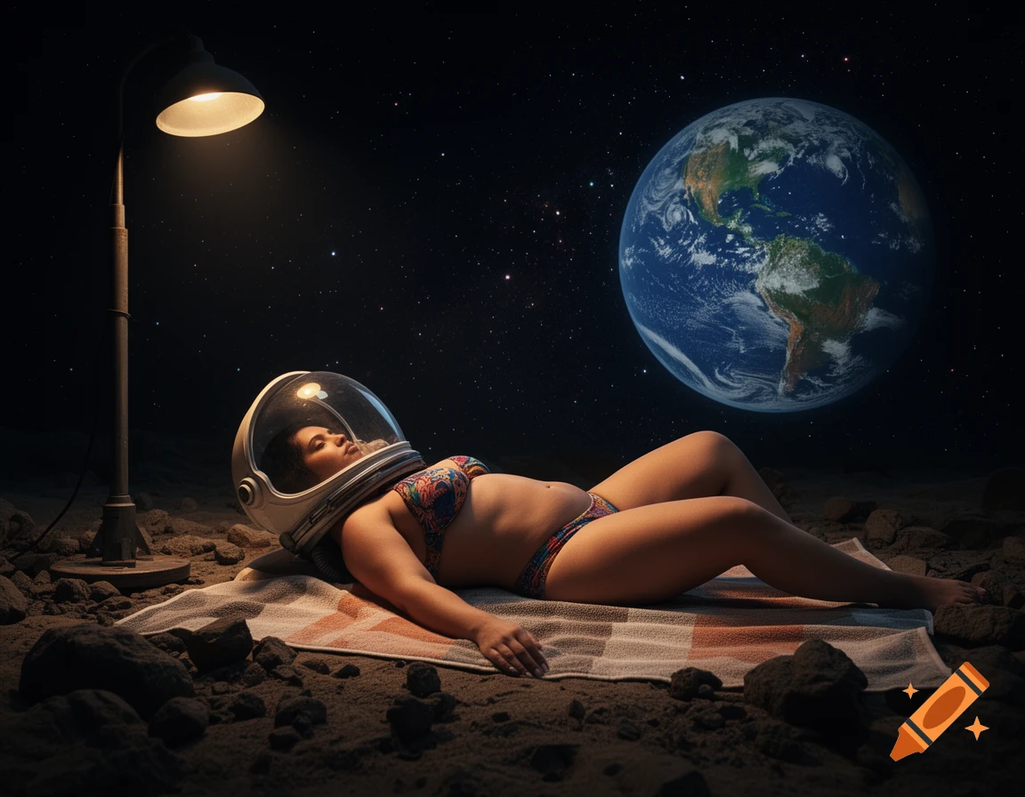 Photorealistic sci-fi scene of a woman in a bikini and astronaut helmet sunbathing on a rocky moon surface under a lamppost, with Earth and stars in the background.