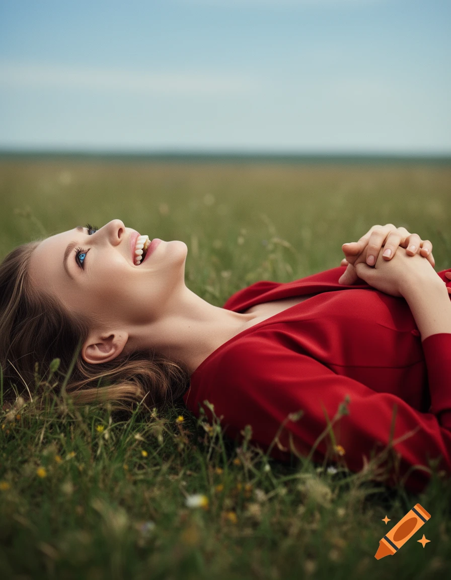 Photorealistic side view of a laughing young woman in a red dress lying in a grassy field looking up at the sky.