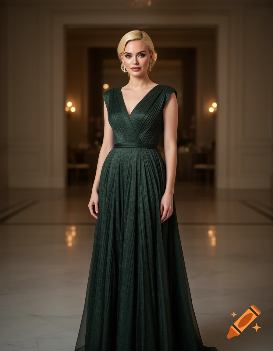 Photorealistic portrait of a woman with blonde hair wearing a dark green evening gown in a grand hall.
