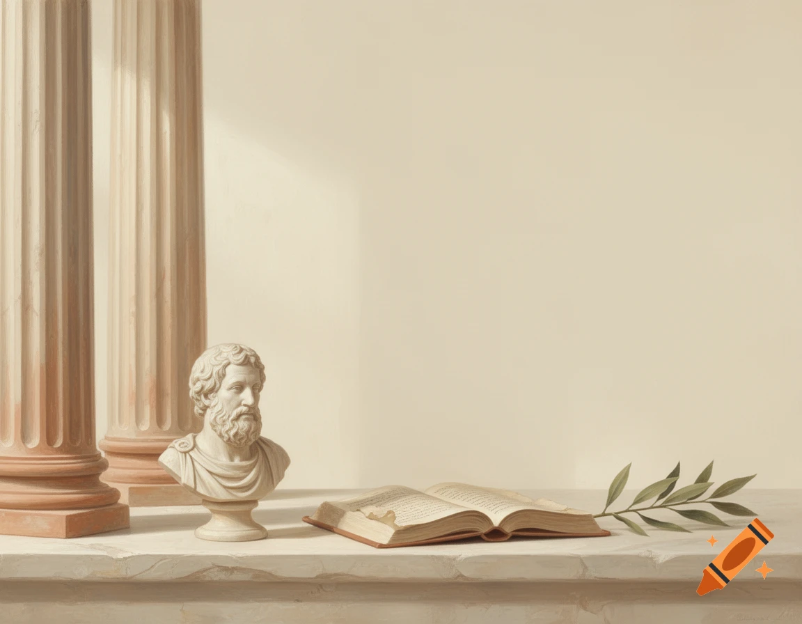 Digital painting of a classical Greek bust, an open book, and an olive branch on a marble surface next to columns.