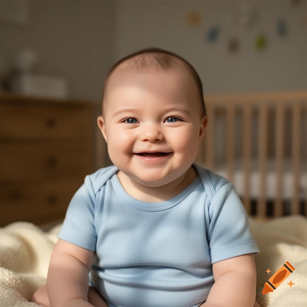 Close-up photorealistic portrait of a smiling baby in a blue onesie sitting on a blanket.