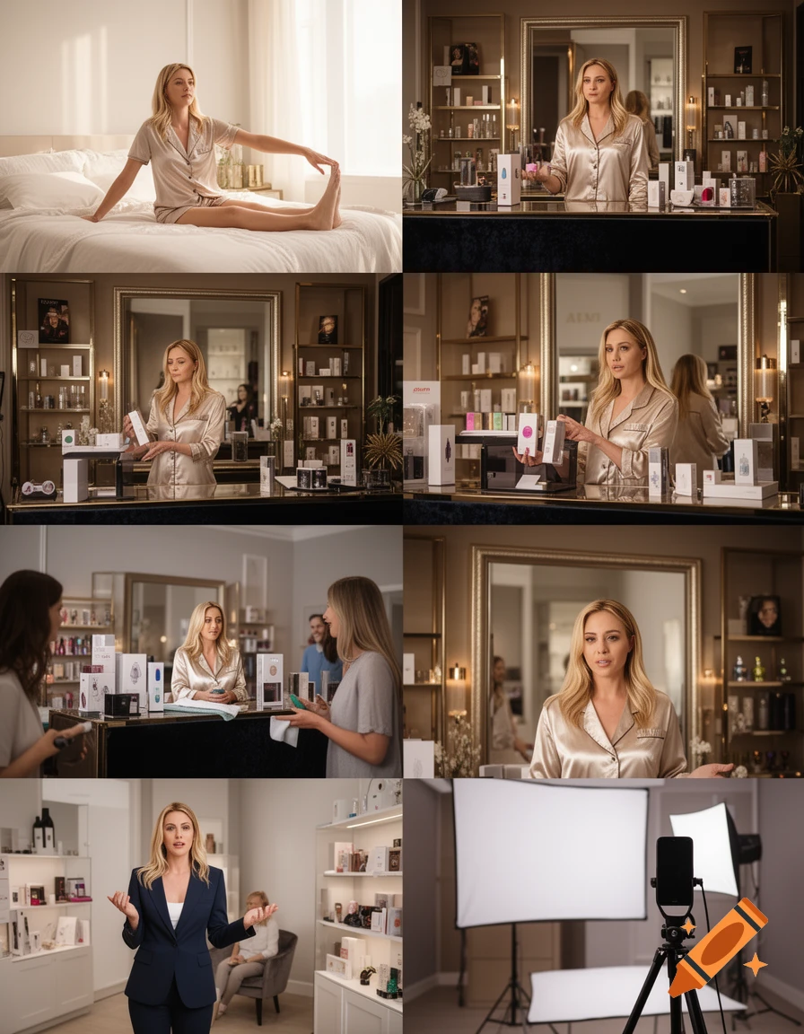 A photo collage showing a day in the life of a woman working in a luxury adult toy store, featuring various scenes and setups.