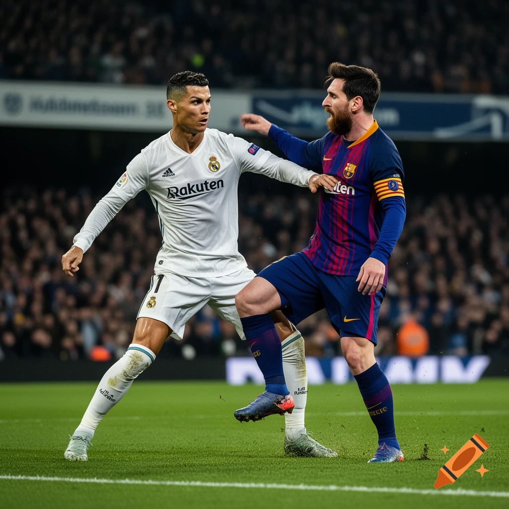 Photorealistic image of Cristiano Ronaldo and Lionel Messi playing soccer on a pitch.