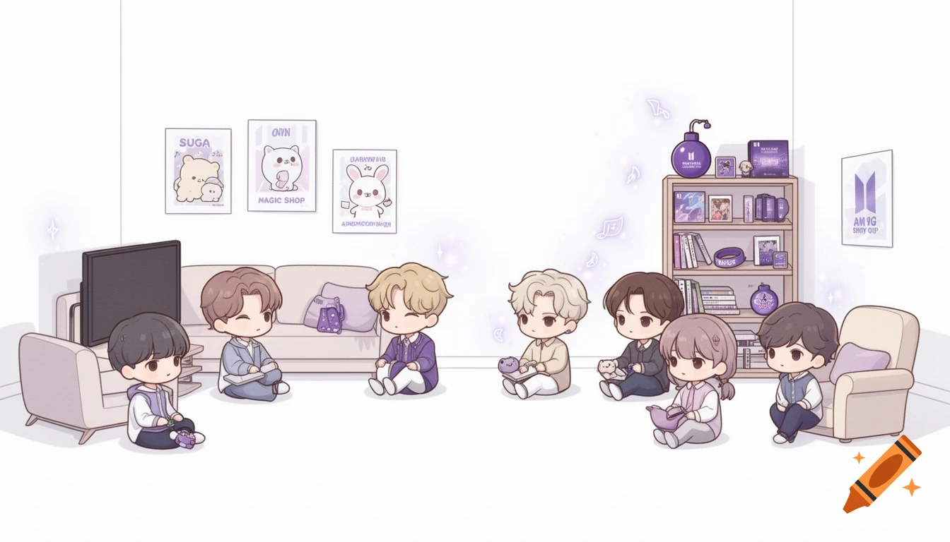 Chibi illustration of eight characters gathered in a cozy, minimalist room with white walls, a sofa, and a bookshelf.