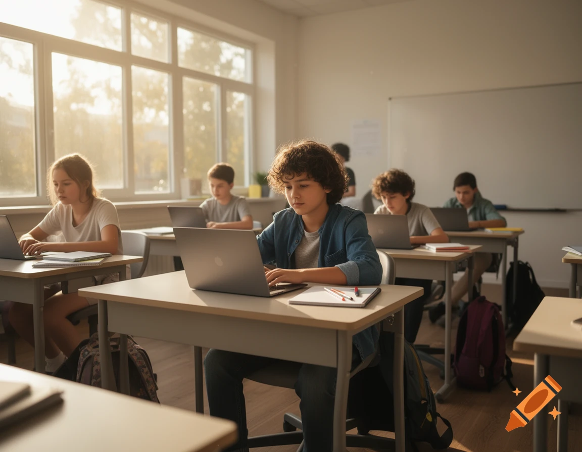 Students sitting at desks working on laptops in a sunlit classroom, photorealistic style.