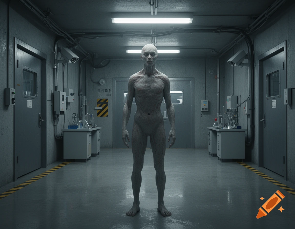 Photorealistic image of a humanoid SCP creature standing in a sterile, industrial hallway.